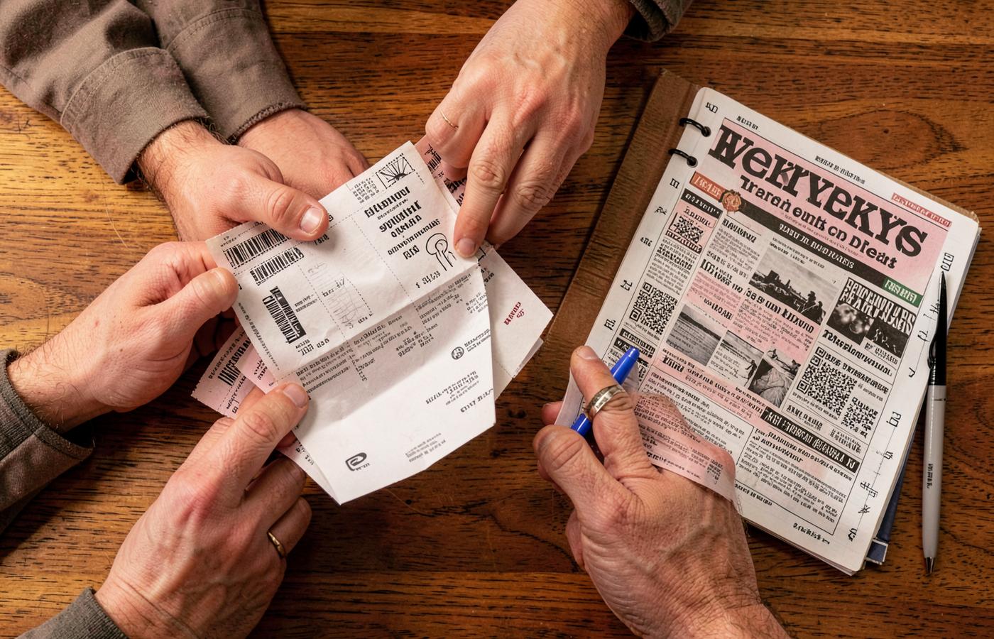 Hands sorting paper coupons and a weekly ad on a wooden desk